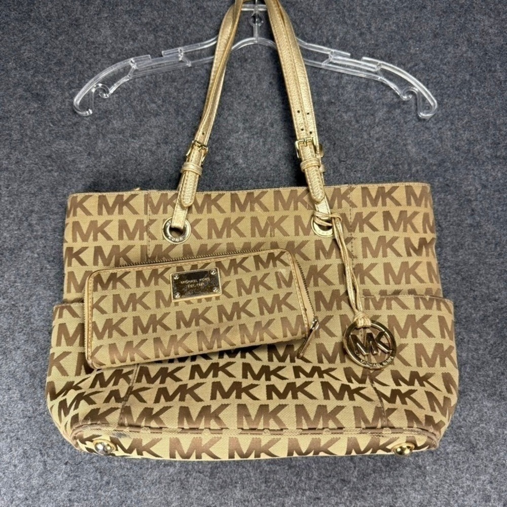 Michael Kors MK Logo Tote Bag & Wallet Set‎ Brown Beige Signature Purse